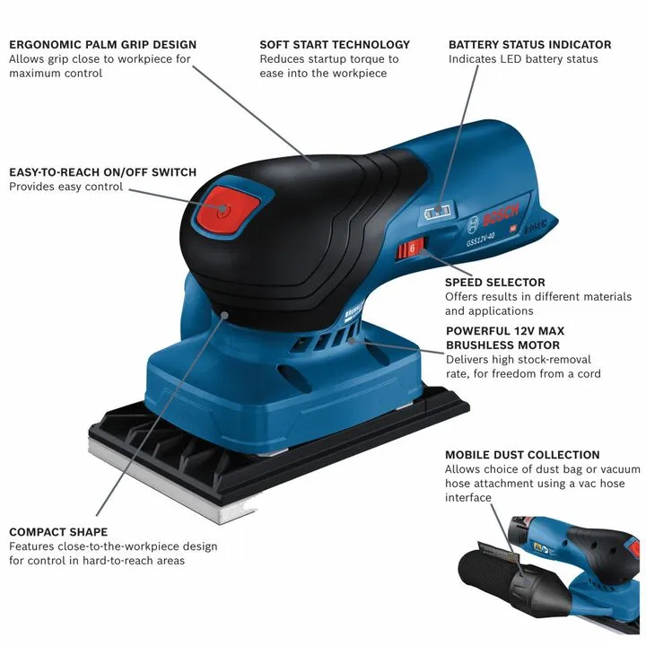 Bosch 12V 1/4 Sheet Orbital Finishing Sander (Bare Tool) - Professional Precision Series 1