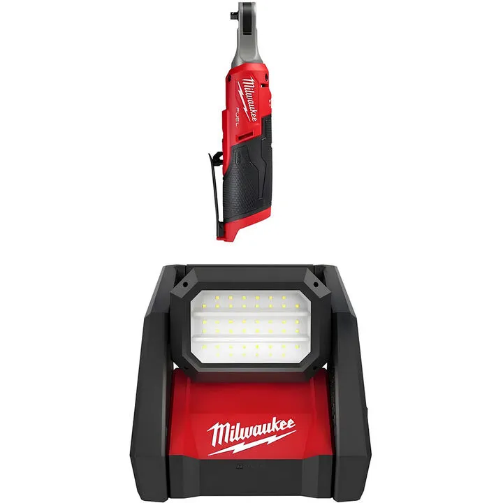 Milwaukee M12 FUEL 1/4 Inch Ratchet & M18 ROVER Dual Power Flood Light Bundle (Bare Tool)