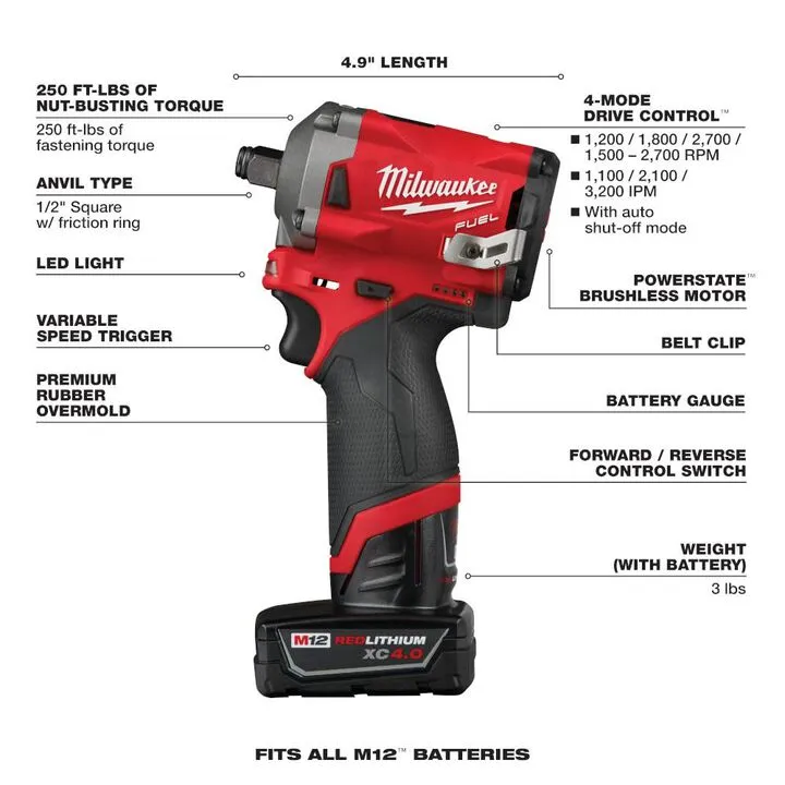 Milwaukee M12 FUEL Stubby 1/2 in. Impact Wrench Kit - Professional Compact Performance 3