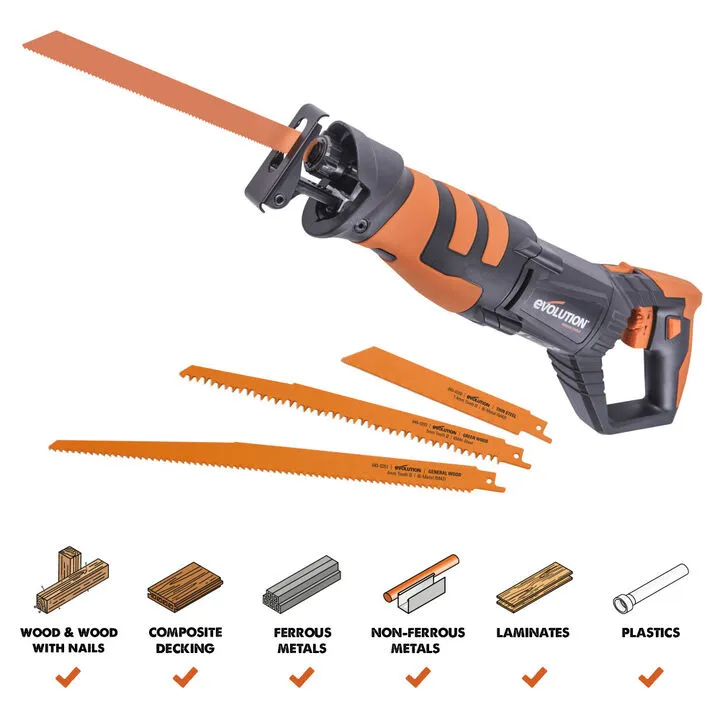 Evolution Power Tools 230V 9-inch Multi-Material Reciprocating Saw with 4-Blade Starter Kit 1