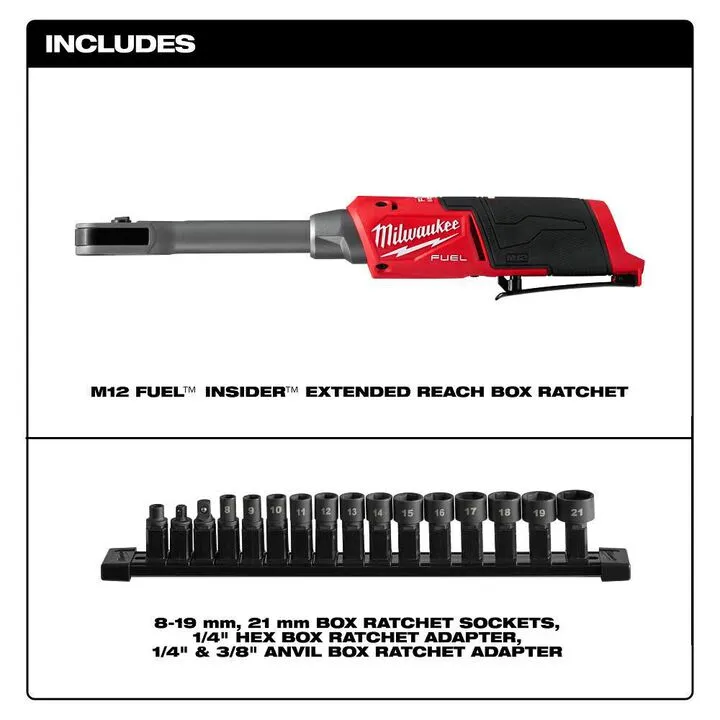 Milwaukee M12 Insider Extended Reach Ratchet (Bare Tool) with 8-Piece SAE Socket Set Bundle 5