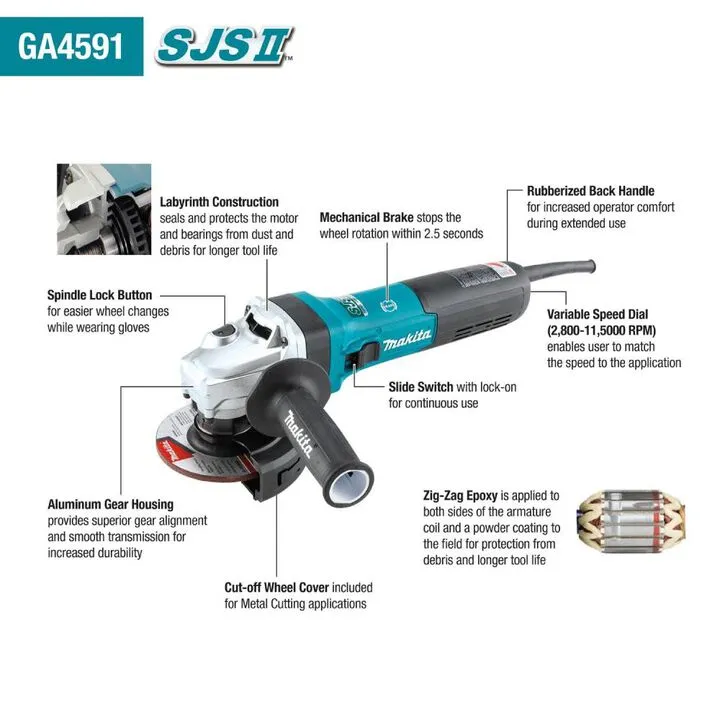 Makita 4-1/2 in SJS II High-Power Angle Grinder with Integrated Brake System 2