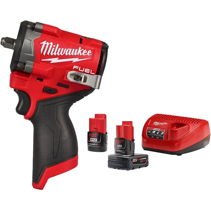 Milwaukee M12 FUEL 3/8 In. Stubby Impact Wrench with 4.0Ah & 2.0Ah Battery Starter Kit