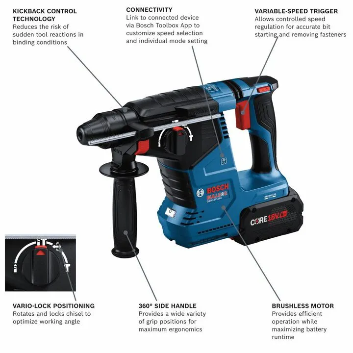 Bosch 18V Bulldog 1-inch SDS-plus Rotary Hammer Kit - High-Performance Cordless Power 1