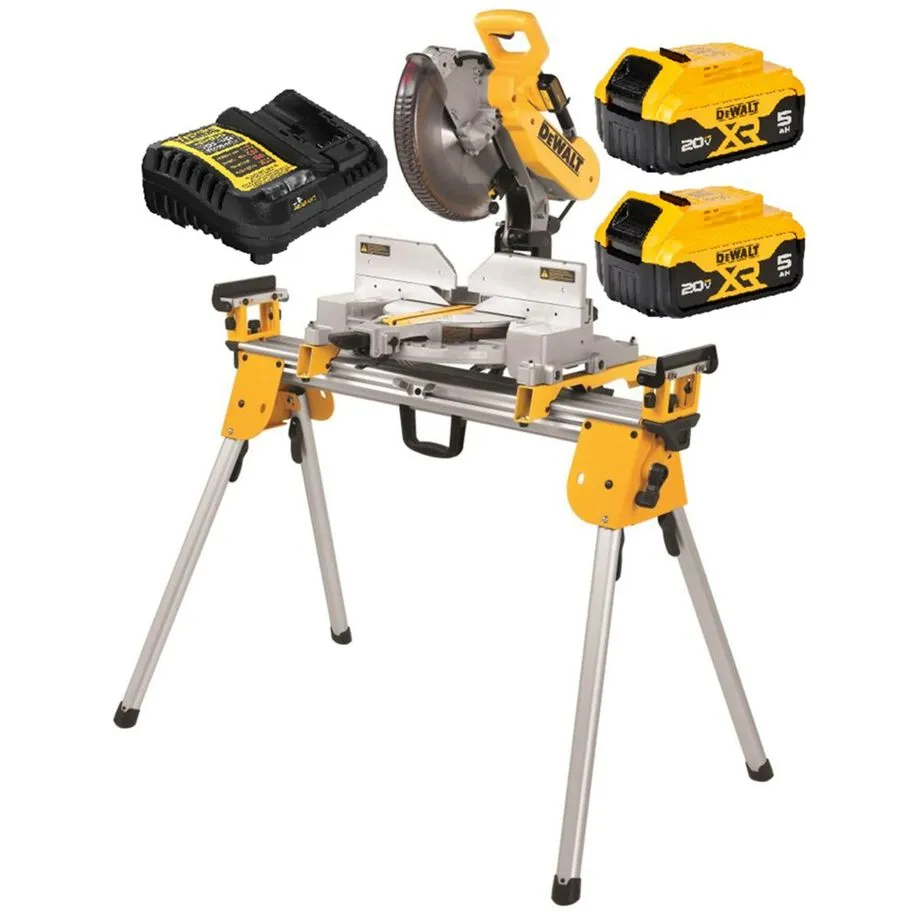 DEWALT 20V MAX* XR 10-Inch Double Bevel Miter Saw Bundle with Compact Stand & 5Ah Starter Kit