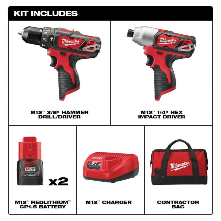 Milwaukee M12 12V Hammer Drill and Impact Driver 2-Tool Combo Kit 1