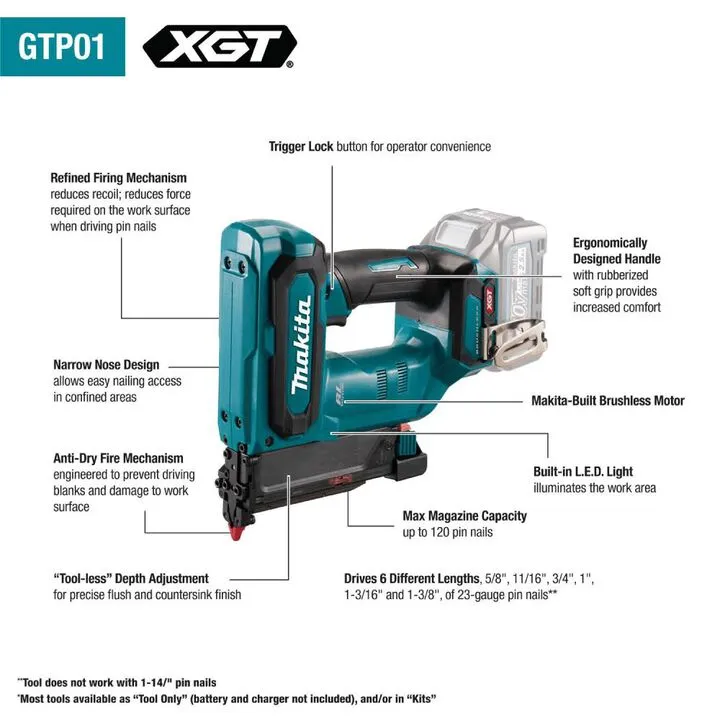 Makita 40V max XGT Brushless 23 Gauge Pin Nailer (Bare Tool) 1