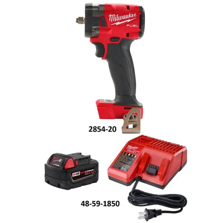 Milwaukee M18 FUEL 3/8 Inch Compact Impact Wrench and XC5.0 Starter Kit Bundle 1