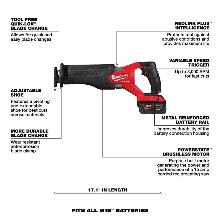 Milwaukee M18 FUEL SAWZALL Reciprocating Saw Kit with M18 REDLITHIUM XC5.0 Battery 3