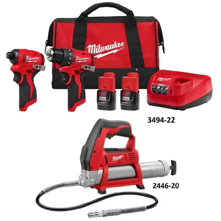 Milwaukee M12 Subcompact Brushless 2-Tool Combo Kit and Grease Gun Bundle 1