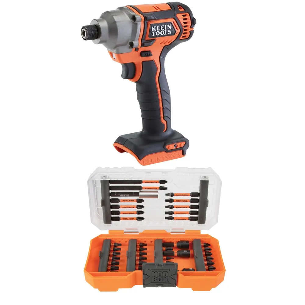 Klein Tools Compact Impact Driver (Bare Tool) & 40pc Impact Driver Bit Set Professional Bundle