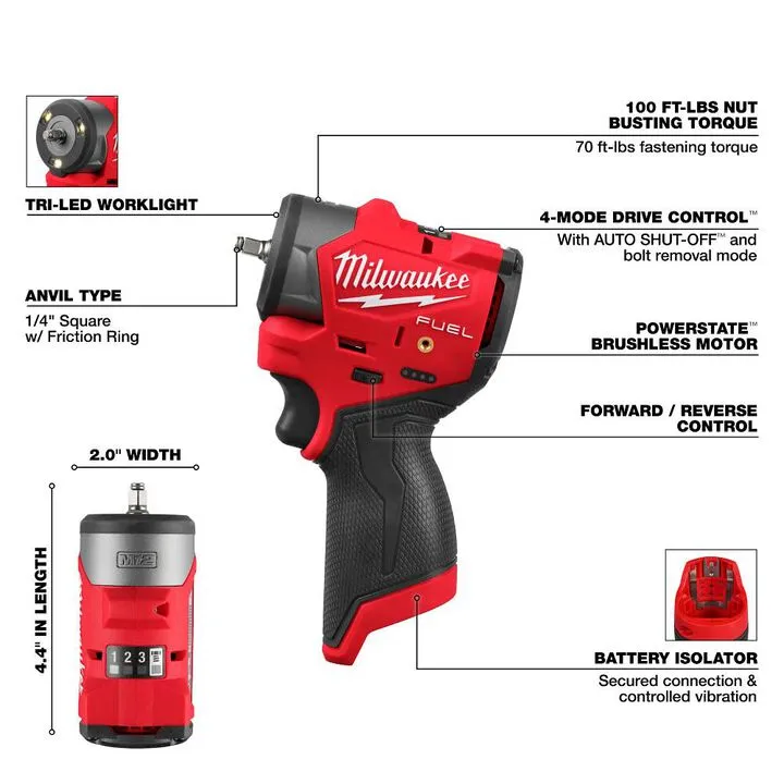 Milwaukee M12 FUEL 1/4 Inch Subcompact Impact Wrench with Protective Boot - Professional Grade Kit 1