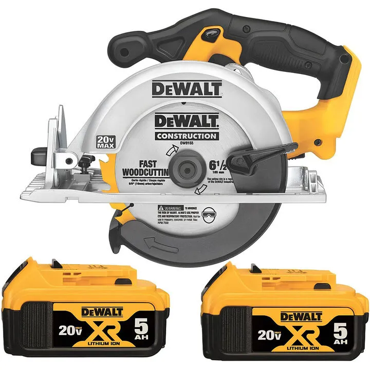 DEWALT 20V Max 6-1/2 Inch Cordless Circular Saw & 20V Max XR 5Ah Battery 2-Pack Bundle