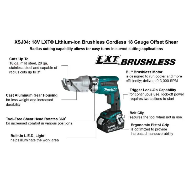 Makita 18V LXT Offset Shear 18 Gauge (Bare Tool) - Precision Metal Cutting Power 1