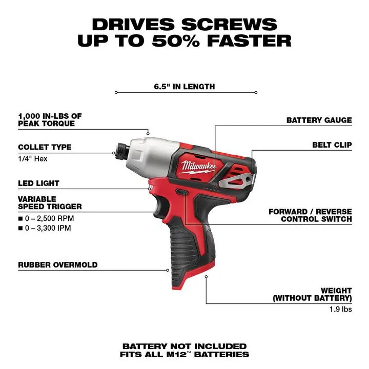 Milwaukee M12 1/4 In. Hex Impact Driver (Bare Tool) 1