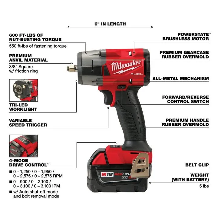 Milwaukee M18 FUEL Automotive Combo Kit: 1/2 in High Torque & 3/8 in Mid-Torque Impact Wrench Set 5