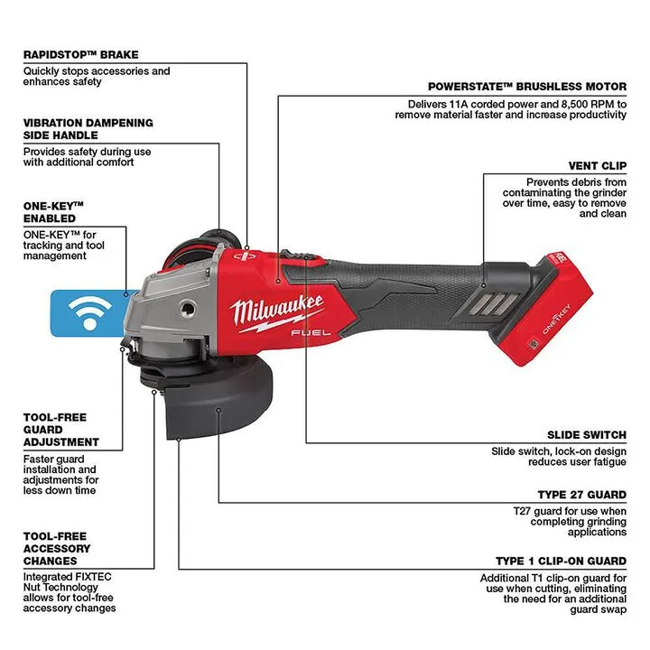 Milwaukee M18 FUEL 4-1/2 in. / 5 in. Braking Grinder with ONE-KEY (Bare Tool) - Reconditioned 2