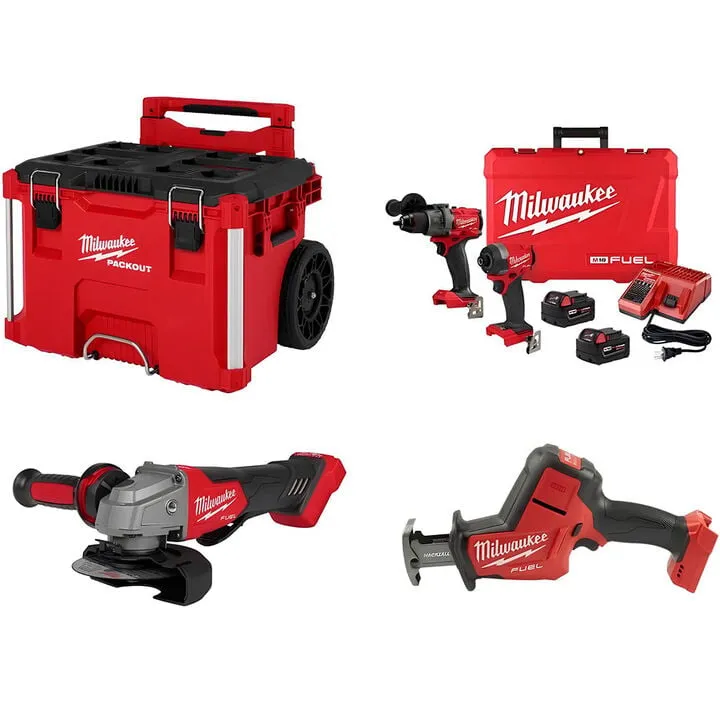 Milwaukee Packout Rolling Tool Box with M18 Grinder and Hackzall 2-Tool Kit
