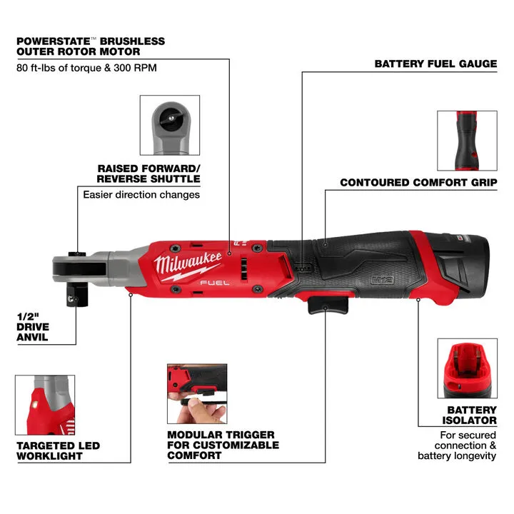 Milwaukee M12 FUEL 1/2 Inch Ratchet Kit & Protective Boot Bundle 4