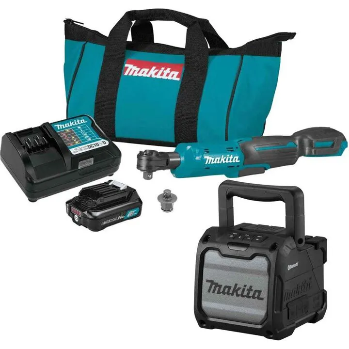 Makita 12V Max CXT Cordless 1/4-3/8 inch Ratchet and Bluetooth Speaker 2.0Ah Kit