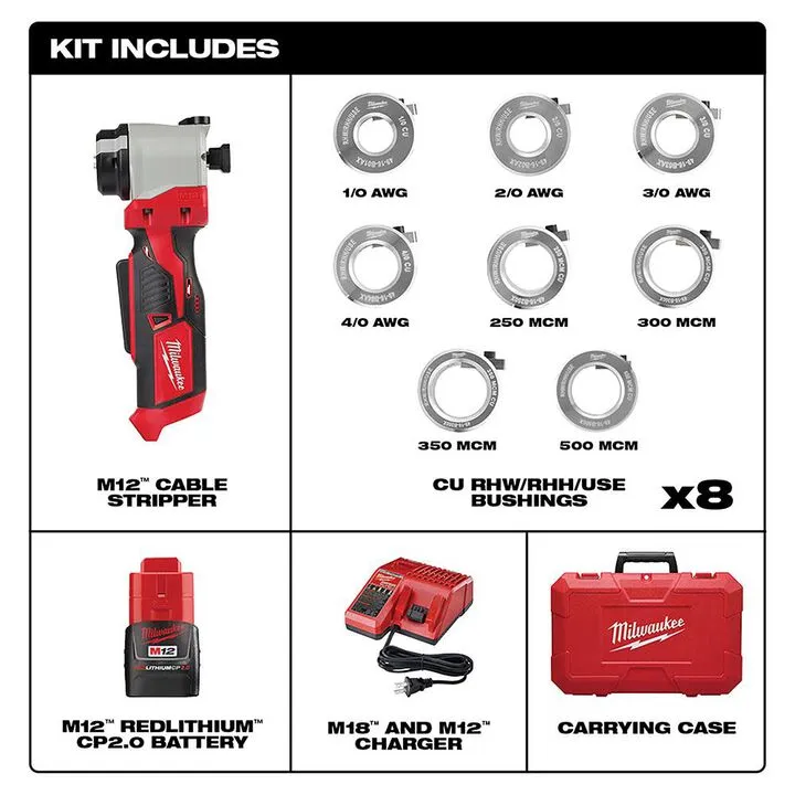 Milwaukee M12 Cordless Cable Stripper Kit for Cu RHW / RHH / USE 1