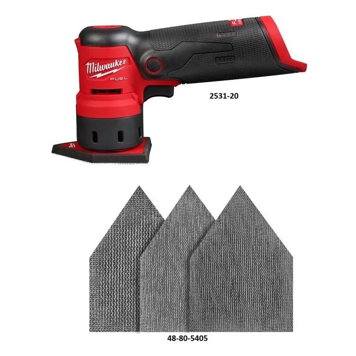 Milwaukee M12 Orbital Sander (Bare Tool) with Premium Mesh Sanding Sheet 12-Pack Bundle 1