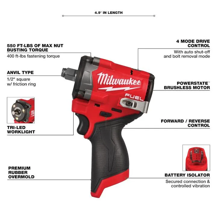 Milwaukee M12 FUEL Stubby 1/2 Impact Wrench with M12 Starter Kit - Professional Grade Compact Power 2