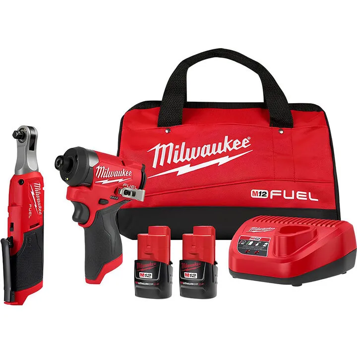 Milwaukee M12 FUEL 1/4 Inch Hex Impact Driver & 3/8 Inch High Speed Ratchet Combo Kit