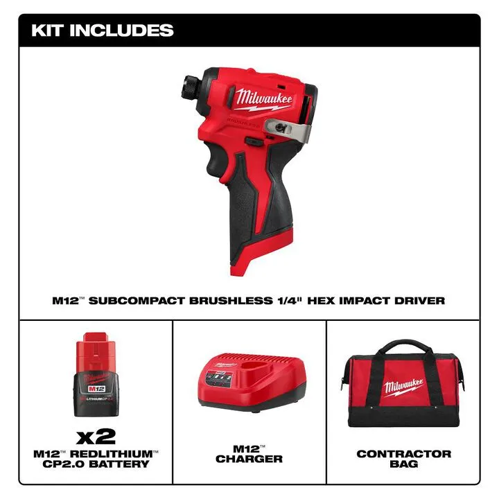 Milwaukee M12 Subcompact 1/4 Inch Hex Impact Driver Kit - Precision Performance Series 2