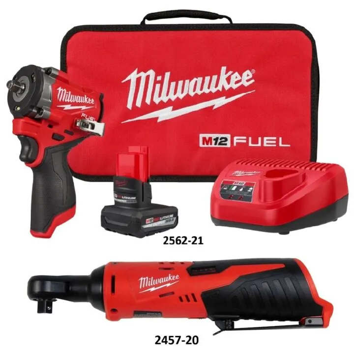 Milwaukee M12 Stubby 3/8 Inch Impact Wrench and 3/8 Inch Ratchet Professional Bundle 1