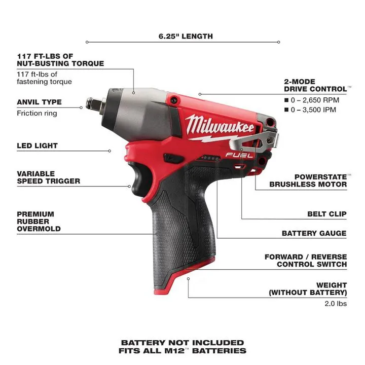Milwaukee M12 FUEL 3/8 In. Impact Wrench (Bare Tool) - Professional Compact Power 2
