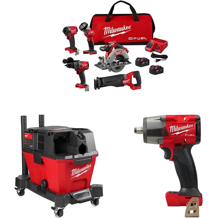 Milwaukee M18 FUEL 5-Tool Combo Kit with Wet/Dry Vacuum and Impact Wrench Bundle