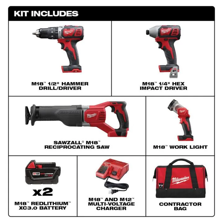 Milwaukee M18 Cordless Lithium-Ion 4-Tool Combo Kit - Professional Grade Performance Set 1