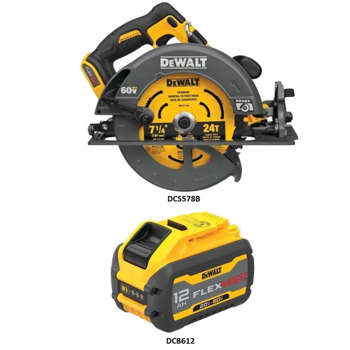 DEWALT 60V MAX 7-1/4 Inch Cordless Saw & 20/60V MAX 12Ah Battery Bundle 1