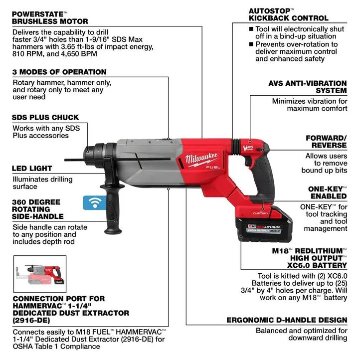 Milwaukee M18 FUEL 1 1/4 SDS Plus D-Handle Rotary Hammer Kit with ONE-KEY 3