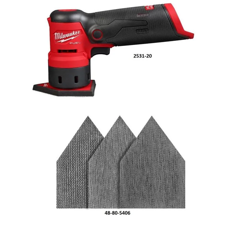 Milwaukee M12 Orbital Sander (Bare Tool) & 36-Piece Premium Mesh Sanding Sheet Bundle 1