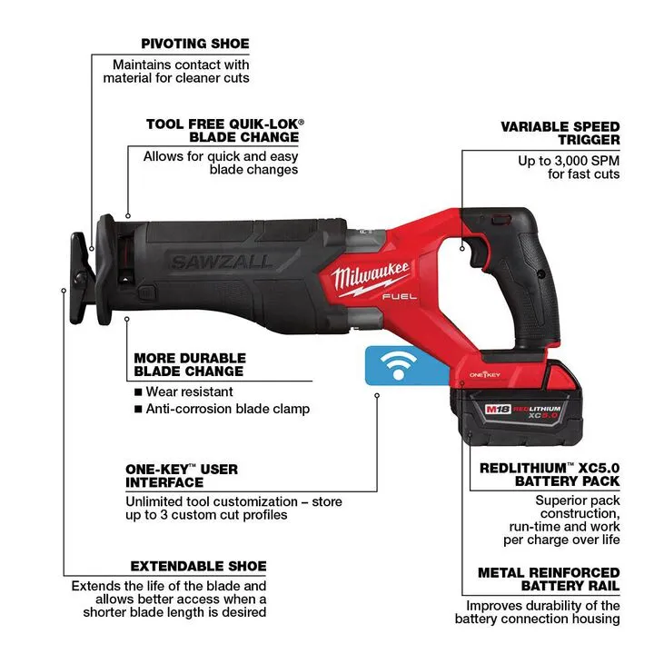 Milwaukee M18 FUEL SAWZALL Reciprocating Saw with ONE-KEY - 2 Battery XC5.0 Kit 3
