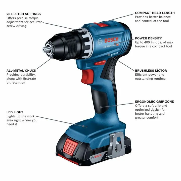 Bosch 18V 1/2in Drill/Driver Kit - Professional Grade Cordless Performance 1