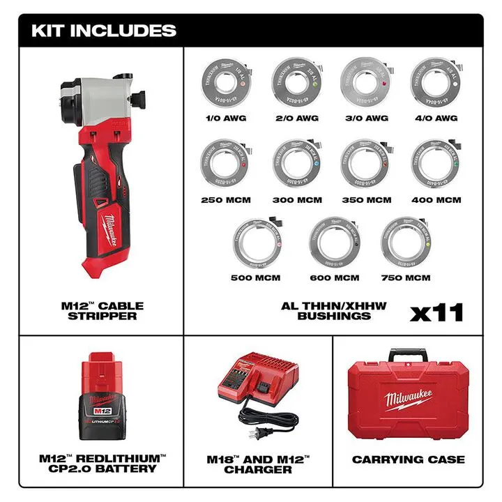 Milwaukee M12 Cordless Cable Stripper Kit for Al THHN / XHHW Cables 1
