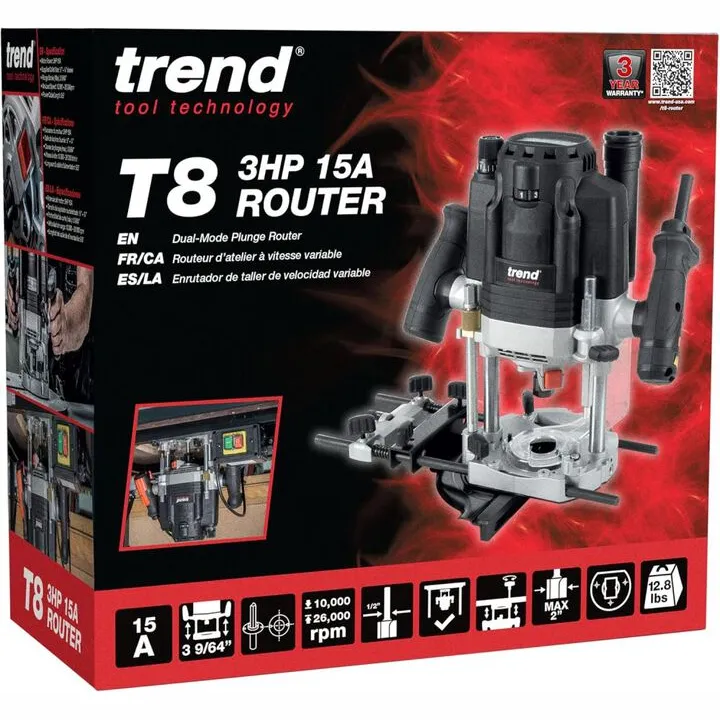 Trend T8 15A 1/2 Inch Dual-Mode Plunge Workshop Router - Professional Precision Series 5