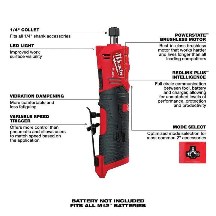Milwaukee M12 FUEL Straight Die Grinder (Bare Tool) - Professional Precision Series 1