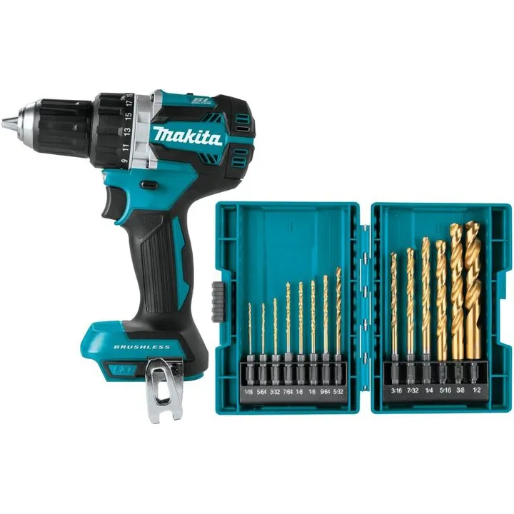 Makita 18V LXT Brushless 1/2-Inch Cordless Drill Driver & Impact GOLD 14-Pc. Titanium Bit Set