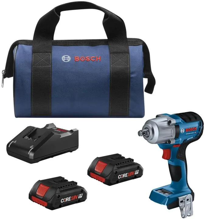 Bosch 18V 1/2in Mid-Torque Impact Wrench Kit with Friction Ring & 2 CORE18V 4.0 Ah Batteries
