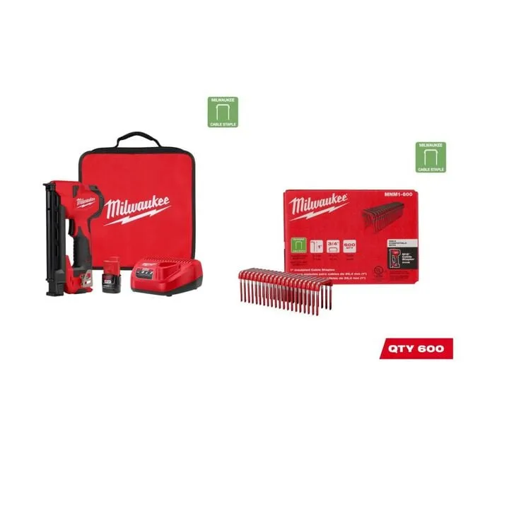 Milwaukee M12 Cable Stapler Kit with 1-inch Insulated Cable Staples (600qty Bundle)