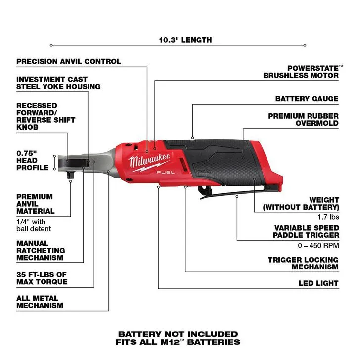 Milwaukee M12 FUEL 1/4 inch High Speed Ratchet (Reconditioned - Bare Tool) 2