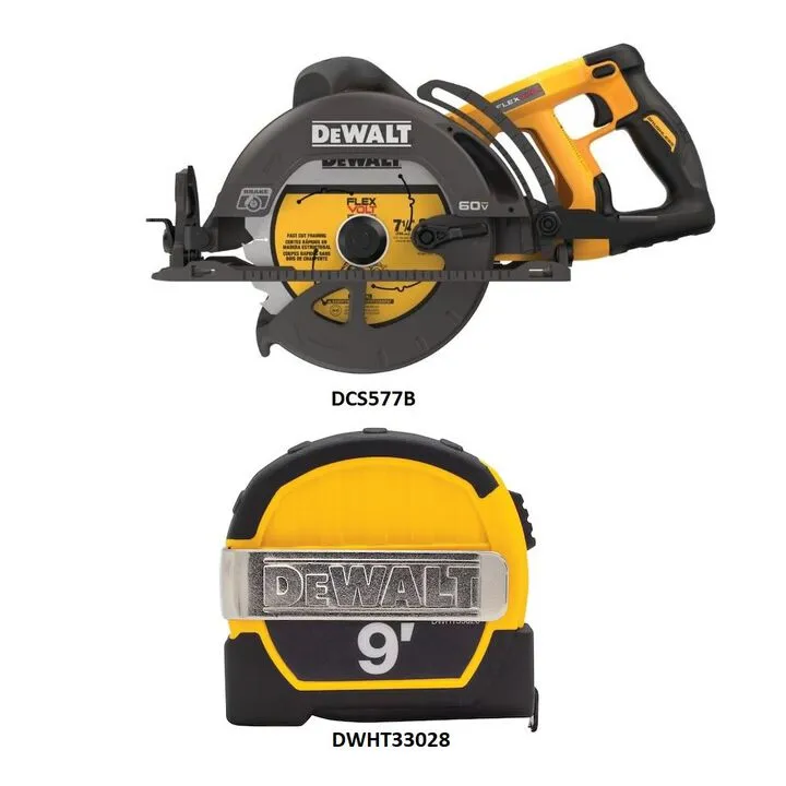 DEWALT 60V MAX 7-1/4 Inch Cordless Circular Saw & 9 Ft. Pocket Tape Measure Professional Bundle 1