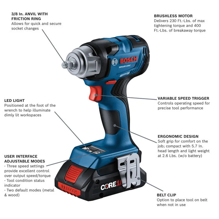 Bosch 18V 3/8 Inch Impact Wrench Kit with Friction Ring - Professional Grade Performance 1