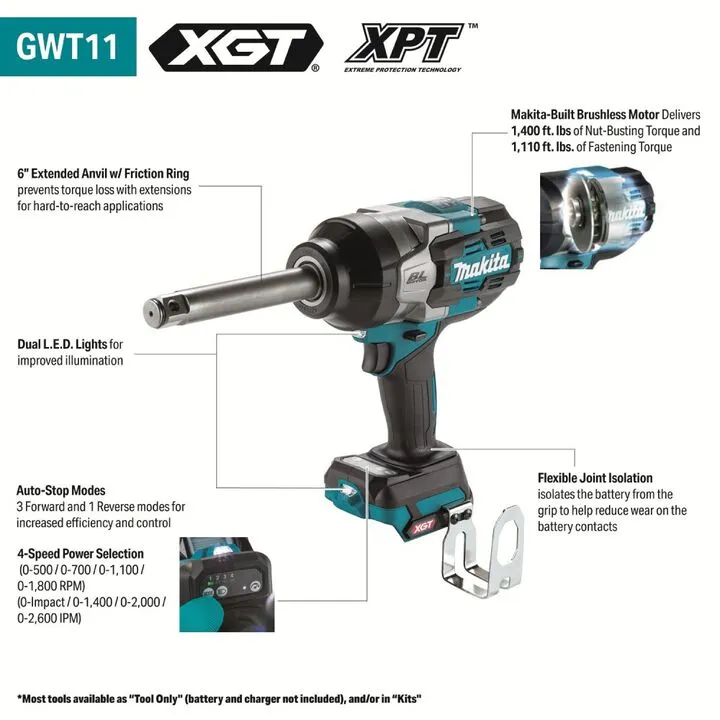 Makita 40V Max XGT Brushless 3/4 Inch Extended Anvil Impact Wrench (Bare Tool) 1