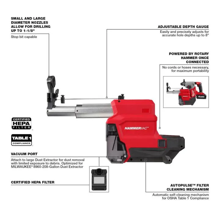 Milwaukee M18 FUEL 1-inch SDS Plus Rotary Hammer with ONE-KEY & Dust Extractor Kit 4