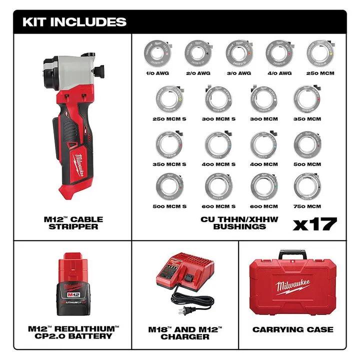 Milwaukee M12 Cable Stripper Kit with 17 Cu THHN / XHHW Bushings 1